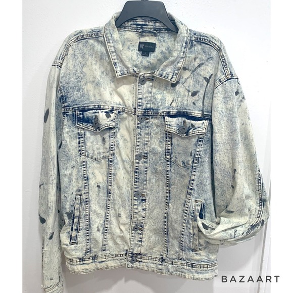 Waimea White Distressed Wash, Paint Splatter Stretch Denim Jeans Jacket Sz: L - Picture 2 of 7